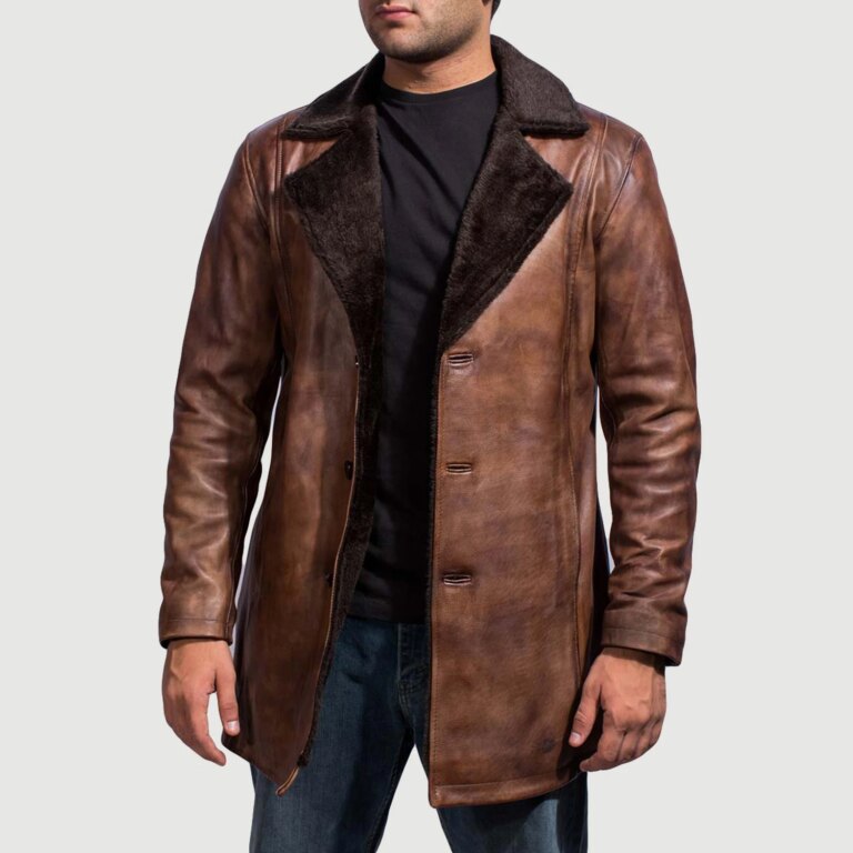 Mens Cinnamon Distressed Leather Fur Coat Open Front-4-1718119834679
